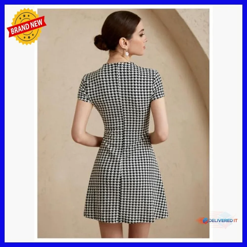 Mock Neck Flared A-Line Work Dress Short Sleeve Houndstooth Pattern